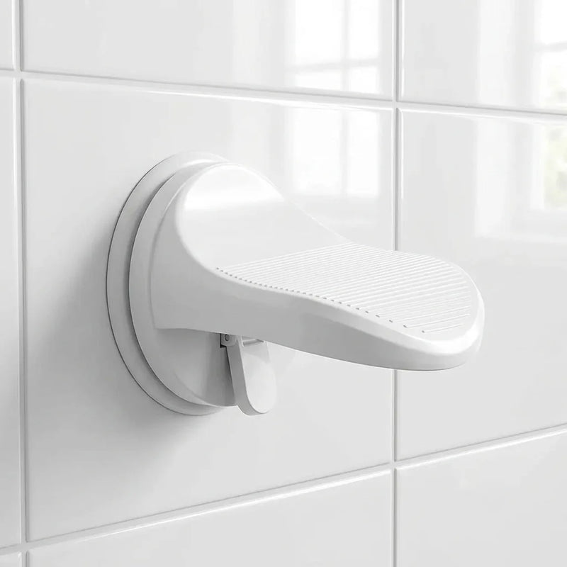 Bathroom suction cup foot rest pedal mounted on a shower wall